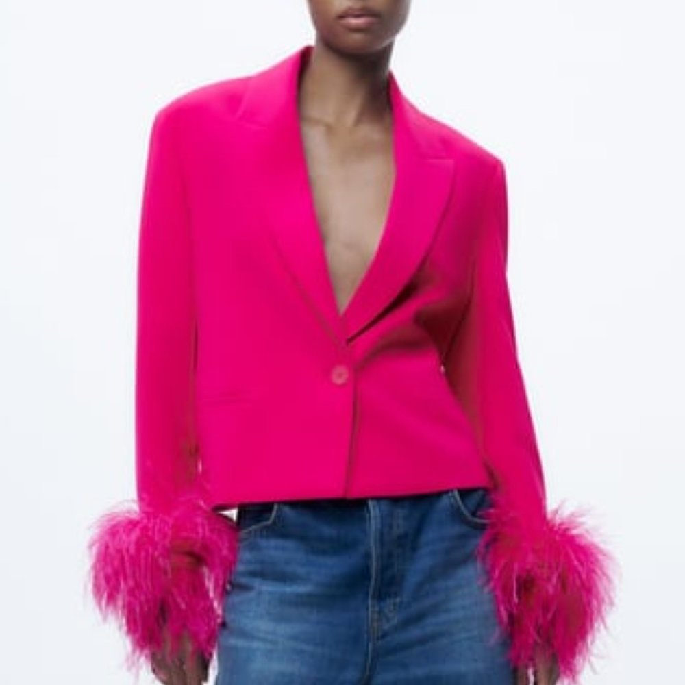 Zara Hot Pink Short Feather Blazer Size M